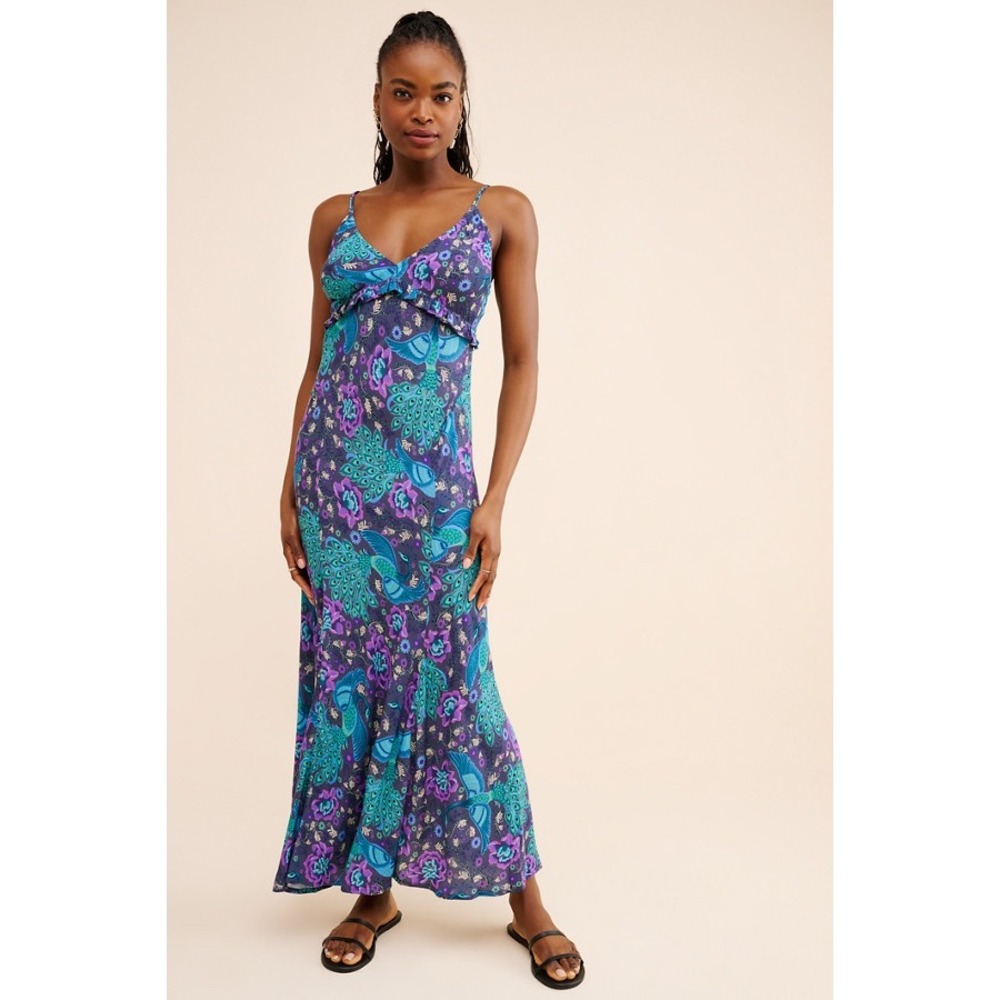 Spell & The Gypsy Boheme Bias Slip Dress Baltic Peacock Floral Purple Maxi XS